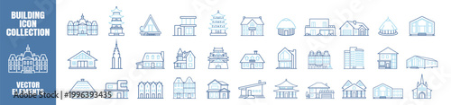 Building icon set in line style with house, office, hotel, hospital, school, shop, church, museum and skyscraper. Vector illustration on transparent background.