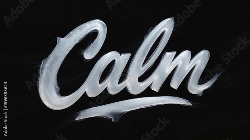 The word Calm is elegantly written in a stylized, flowing script with a soft, luminous effect, set against a dark, contrasting background.