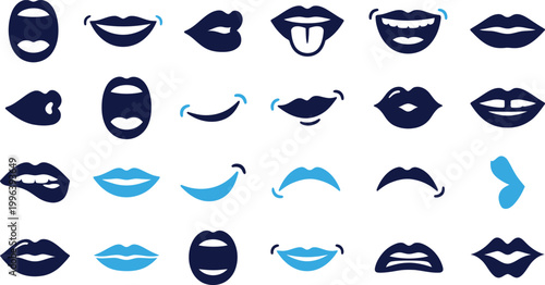Human lips and mouth expressions, smiling, kissing, talking symbols, facial emotions, expressive icons, beauty elements.