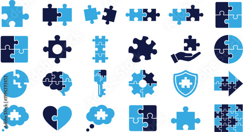 Jigsaw puzzle pieces, connection and teamwork symbols, abstract shapes, logic game elements, problem solving icons.
