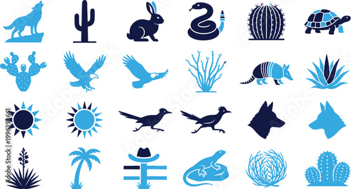 Desert wildlife icons, animals and plants of arid regions, cactus, wolf, eagle, snake, lizard symbols, nature.