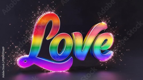 The word Love rendered in vibrant rainbow colors, with sparkling effects, symbolizes universal affection and inclusivity.
