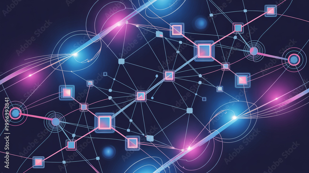 Fototapeta premium A complex, interconnected network of glowing blue squares and circles on a , with vibrant pink and blue light streaks, signifies digital communication.