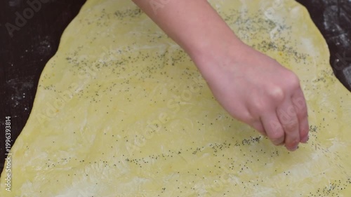 Spreading butter and poppy seeds on dough closeup baking preparation pastry making