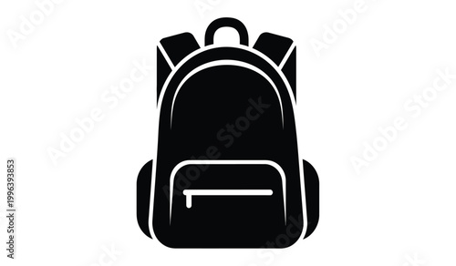 A simple black graphic depicts a school backpack with visible straps and a front pocket showcasing a distinct silhouette high quality professional detailed modern