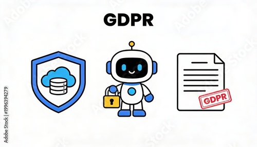 Engaging graphic representation of GDPR compliance featuring a cheerful robot character holding a padlock alongside a cloud storage symbol and an official document, illustrating data privacy