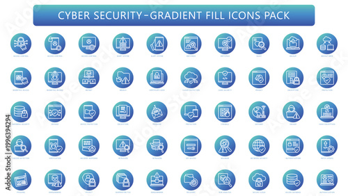 Cyber Security gradient fill - icon button. contain antivirus, biometric, privacy, certificate, database, protection, defense, phishing and more. Best for UI or UX kit, web and app development.