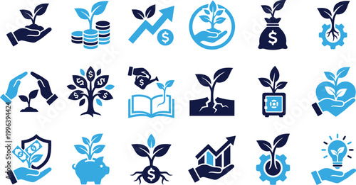 Set of growth and finance icons showing plant, money, success, saving, investment, and business concepts.