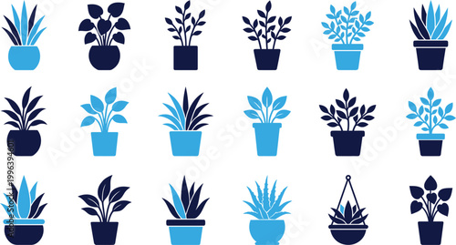 Group of blue and dark blue potted plant icons for home decor and indoor gardening themes.