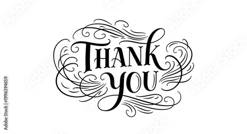 Ornate "Thank You" phrase in elegant decorative script with intricate swirls and flourishes, isolated white background.