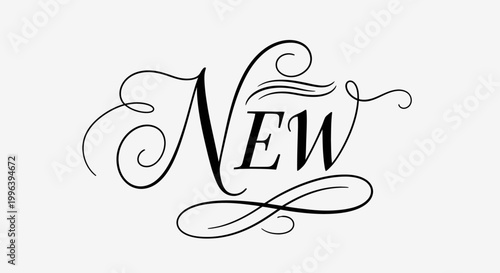 Elegant "New" word in ornate decorative script typography with graceful flourishes, in bright studio.