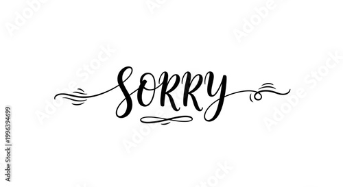 Elegant handwritten "Sorry" word in calligraphy script with decorative flourishes, isolated white background.