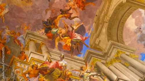Baroque art fresco ceiling in the church of st. Ignatius of loyola. Glorious triumph of saint ignatius of loyola ceiling fresco by andrea pozzo, an impressive masterpiece of baroque art