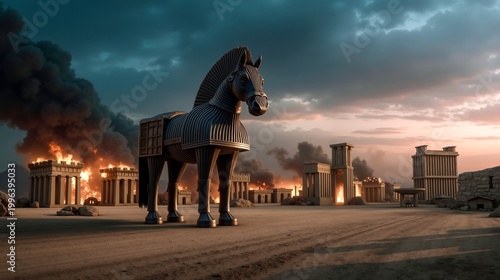 A statue of a horse standing in front of a burning city