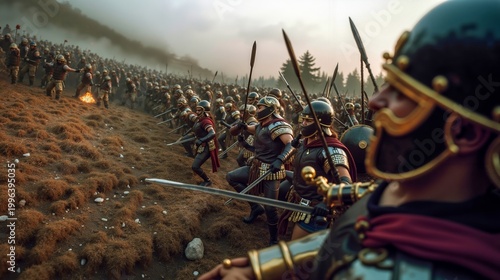 A group of men dressed in roman armor standing on top of a hill