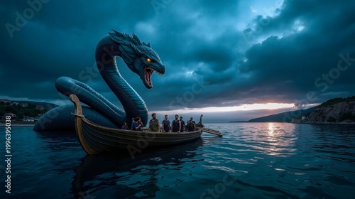 A group of people in a boat with a dragon on the back of it