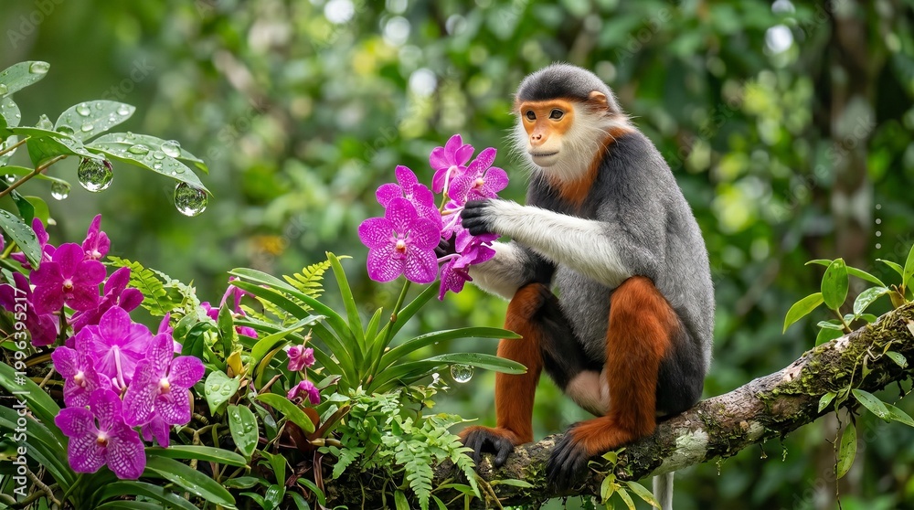Fototapeta premium Curious Monkey Exploring Vibrant Orchids in Lush Rainforest