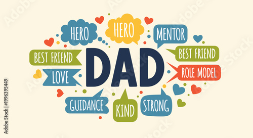 A celebratory illustration for Father's Day with "DAD" surrounded by positive attributes like hero, mentor, best friend, love, guidance, kind, strong, and role model.
