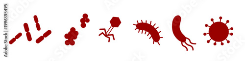Red bacteria and virus icon set scattered on white background, minimal microbiology illustration for infection, disease spread, epidemiology, healthcare and science design projects