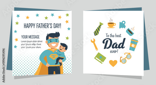 Two colorful Father's Day greeting cards, one featuring a superhero dad holding a child, the other with 'To the best Dad ever!' text surrounded by various dad-related icons.