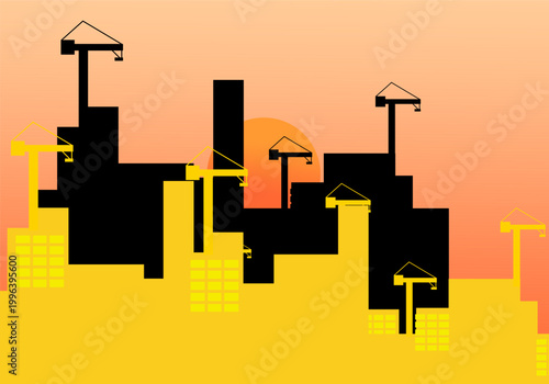 Urban construction skyline with cranes and sunset gradient background, abstract city development illustration for real estate, infrastructure and industrial growth themes