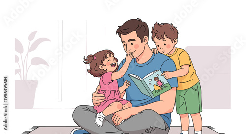 A father sits on the floor reading a book to his two young children, a boy and a girl, who are interacting with him.