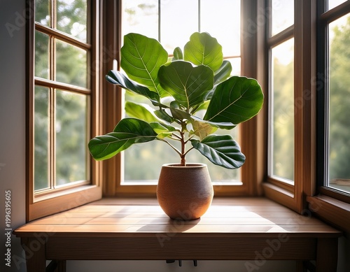 fiddle leaf fig plant on windowsill indoor greenery and natural light