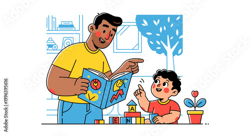 A father and son are reading a colorful book together, surrounded by building blocks and a potted plant, in a bright, cheerful room.