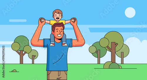 A father carries his happy son on his shoulders in a park on a sunny day.