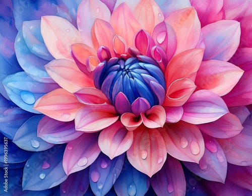 watercolor dream a close up almost abstract view of a vibrant pink and blue dahlia its petals are delicately touched by dew drops