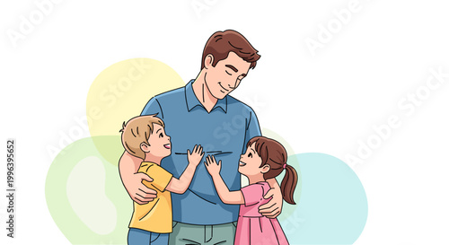A loving father embraces his two young children, a boy and a girl, in a warm and tender moment of family connection.