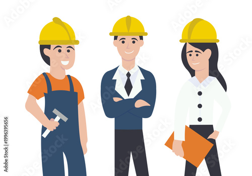 Construction team of builder, engineer and architect wearing yellow hard hats, professional workforce illustration for industry, teamwork and project management