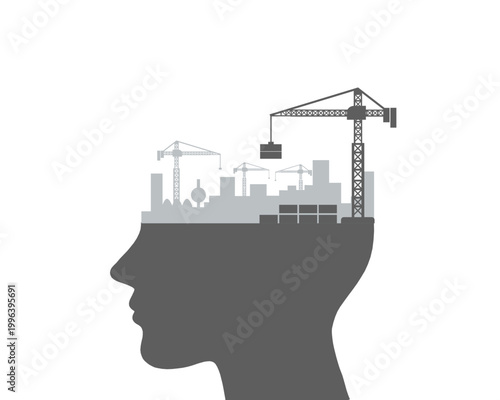 Human head silhouette filled with factory, cranes and industrial skyline, conceptual illustration of engineering mindset, construction planning and infrastructure thinking