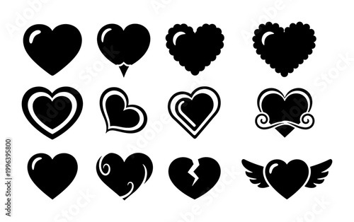 Diverse Heart Icons Collection, Romantic Symbols Set, Love Graphics, Valentine's Day Design Elements, Black and White Vector Shapes