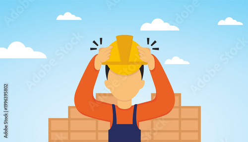 Smiling construction worker holding trophy above head, employee achievement and labor appreciation concept with hard hat, blue sky and industrial workplace background