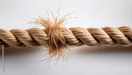 thick light brown natural fiber rope under extreme tension frayed strands one taut thread maintaining connection in a pristine studio with white background concept of resilience under pressure