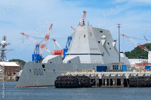 United States Navy USS Michael Monsoor (DDG-1001), Zumwalt-class guided-missile destroyer moored at port.