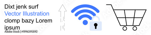 Online shopping, digital security, data protection, e-commerce, wireless networks, technological innovation. wireless symbol with lock, shopping cart upward arrow and placeholder text. Digital