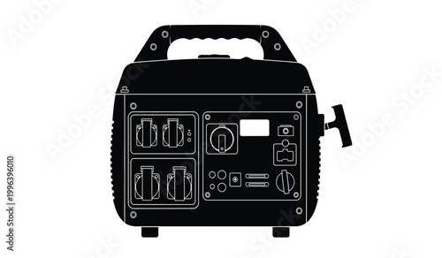 A detailed black silhouette of a portable power generator with handles and various output sockets clearly outlined silhouette high quality professional modern elegant stylish