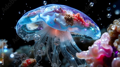 A jellyfish floating in the water surrounded by bubbles