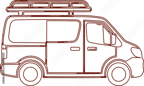 Minivan silhouette displays a roof rack for travel gear.