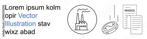 Environmental issues, finance tracking, payment systems, industrial processes, business operations, accounting. Factory emitting smoke, coin documents with invoice heading. Environmental issues