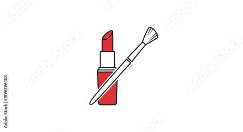 Red lipstick with professional makeup brush in a flat vector design