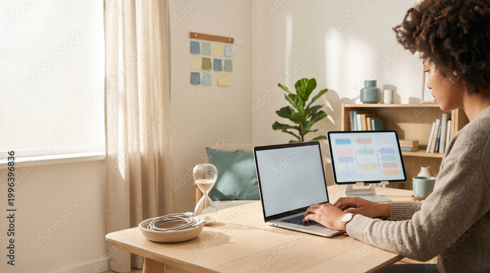 Fototapeta premium Remote Work at Home Office with Laptop and Tablet, Cozy Workspace and Copy Space.
