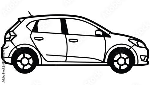 Black and white line drawing of a modern hatchback car with line art automobile transport hatchback