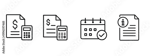 Accounting line icons set tax calculation financial audit schedule management information document bill invoice & more vector illustration with editable stroke.