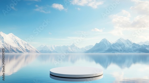 E-commerce product exhibition booth with natural scenery background of snow capped mountains and lake surface
