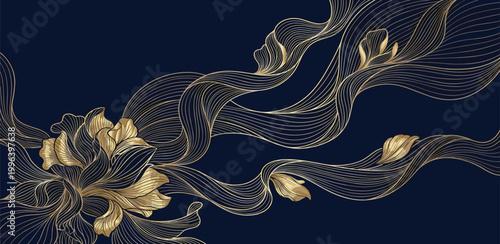 Abstract golden floral patterns and graceful flowing ribbons against a deep navy backdrop, evoking a sense of luxury and sophisticated artistic elegance