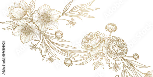Elegant linear floral art with delicate irises and flowing abstract elements, a sophisticated botanical illustration in a golden outline for decorative projects and refined designs