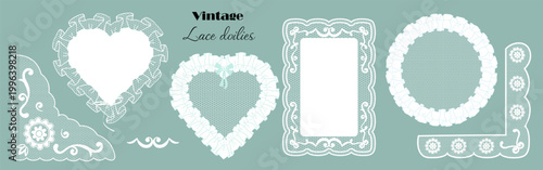  Set of Lace Frames in vintage grandma style. Whimsical lace doilies in crochet style with tulle frills, floral borders in the shape of hearts and others. Wedding, invitations, greeting cards.